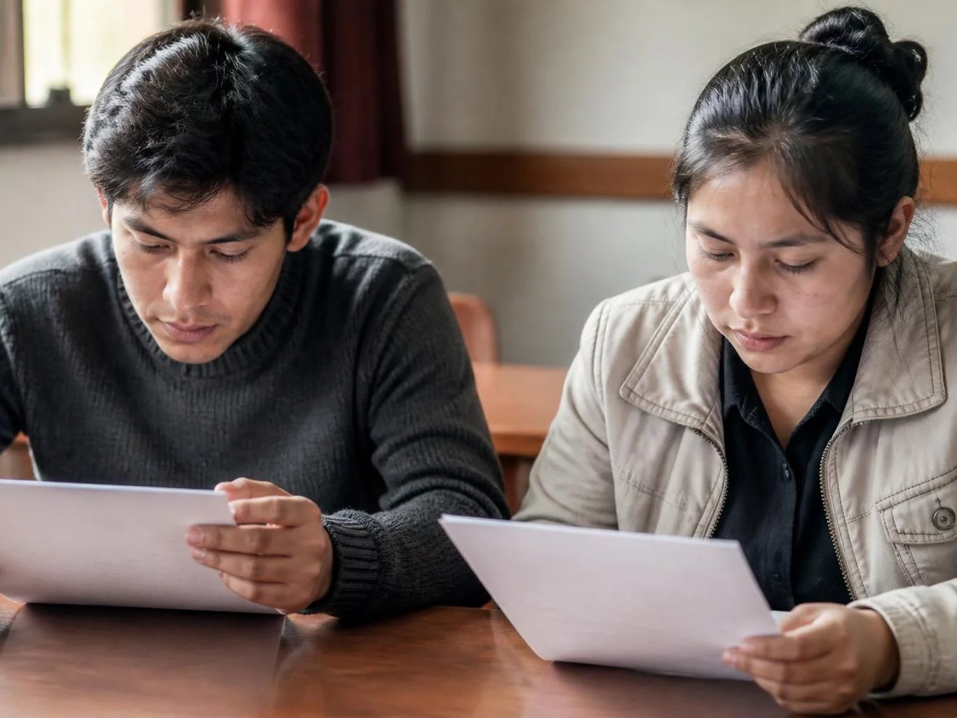 Dos personas leyendo hojas de argumento impresas en la mesa