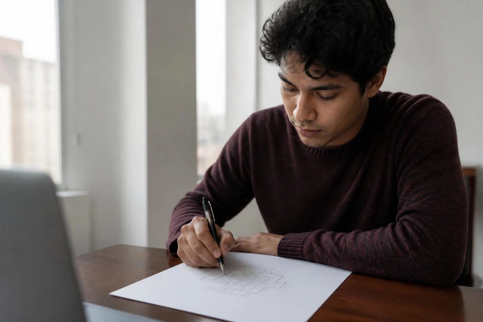 Vista cenital de un escritorio con un diagrama de lógica trazado a mano y un lapicero