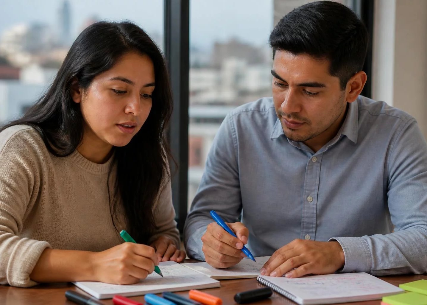 Dos personas preparando la ronda con cuadernos y plumones de colores