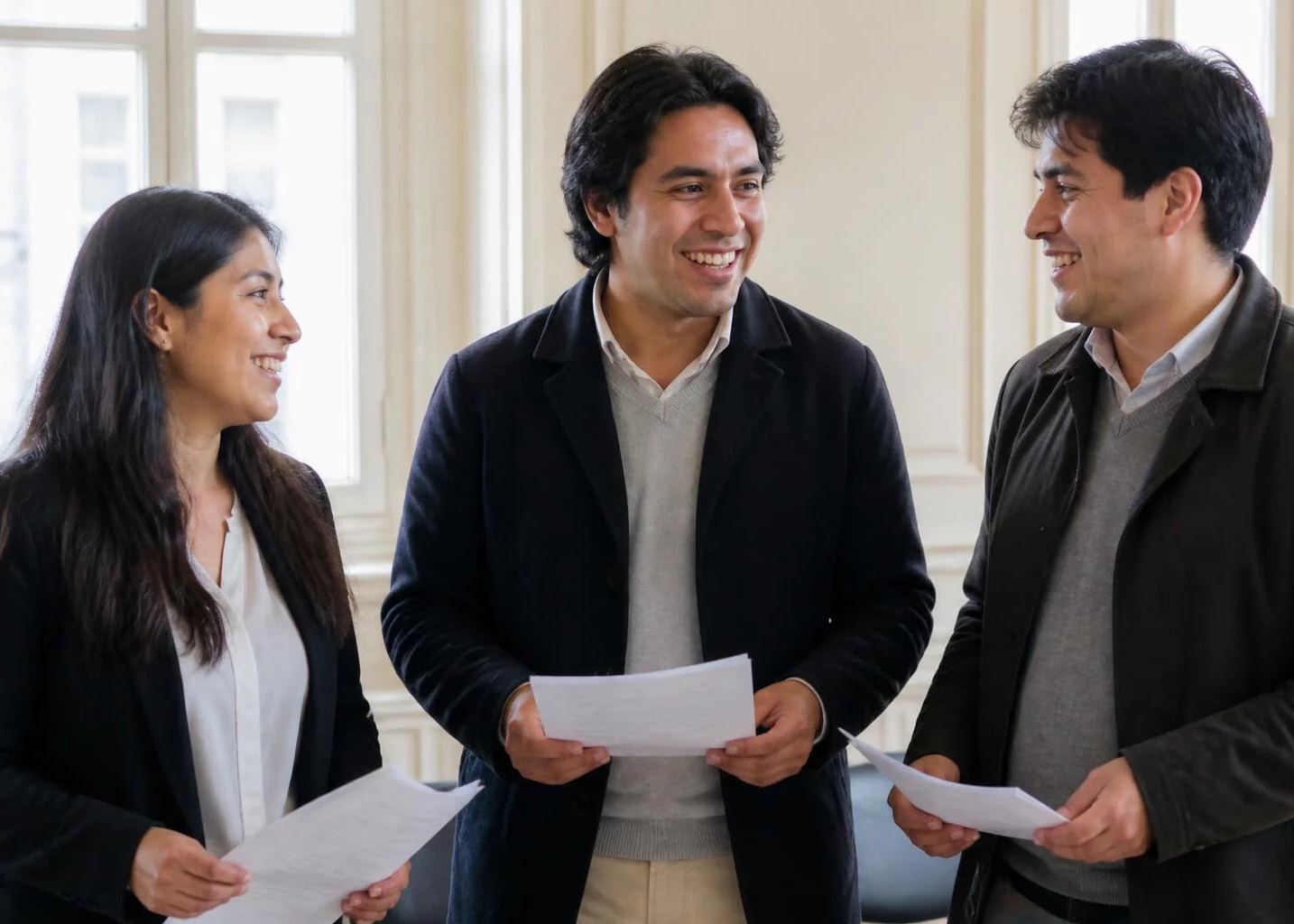 Tres adultos sonriendo al terminar una ronda, con las hojas en la mano