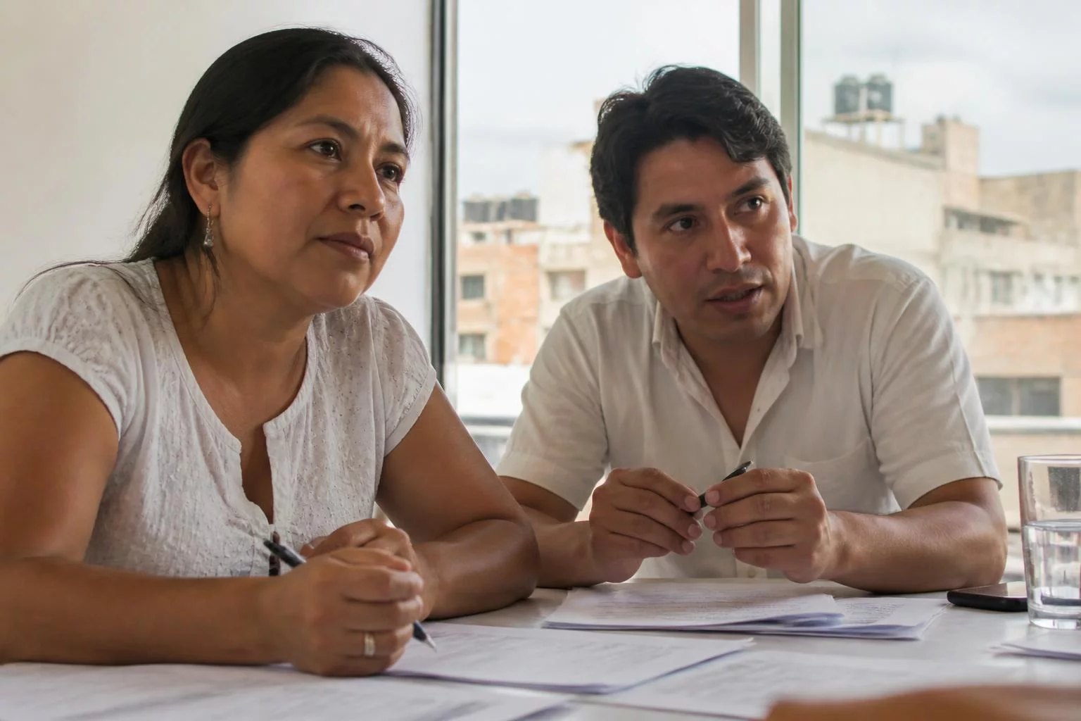 Dos adultos en una mesa de trabajo cubierta de apuntes impresos