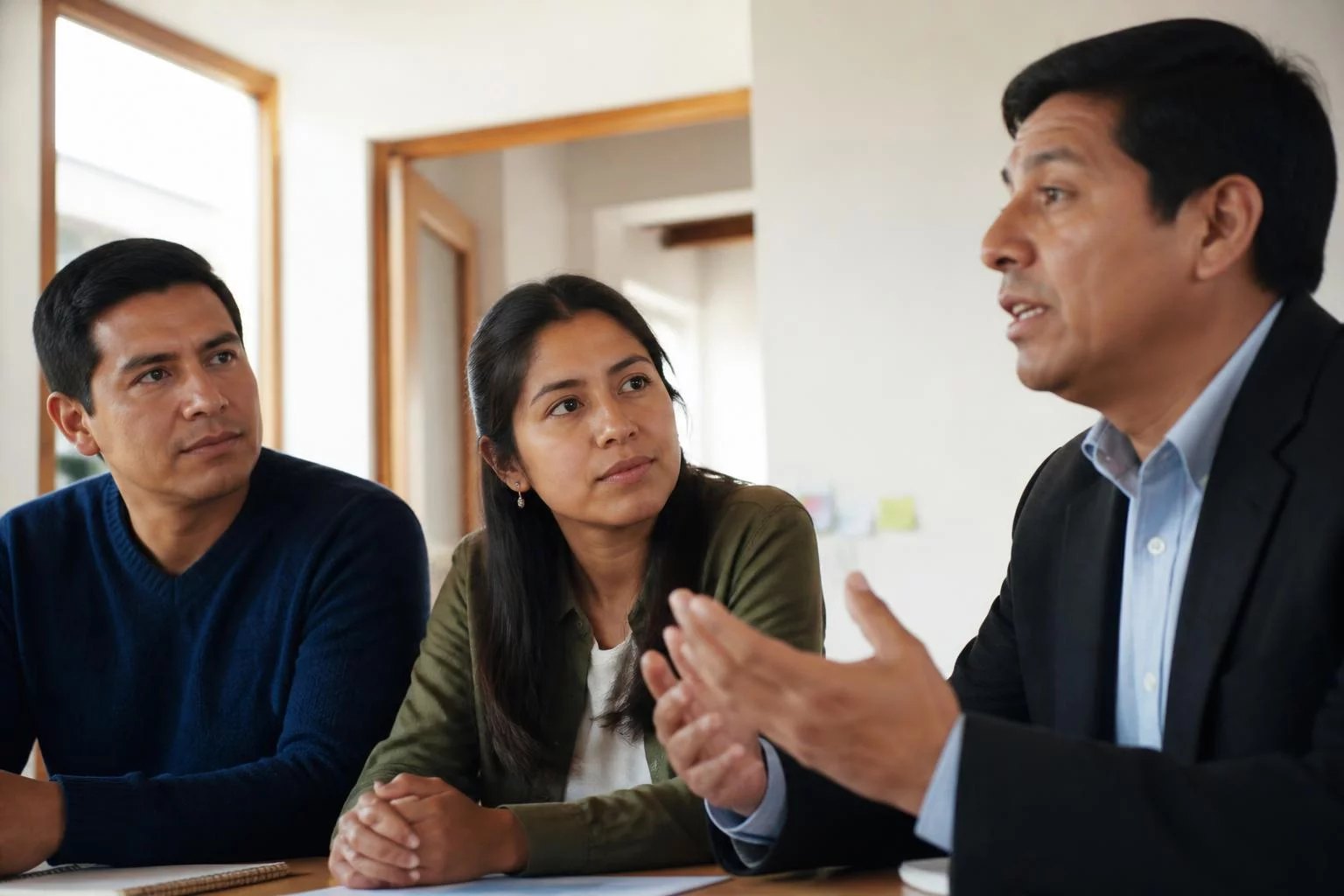 Tres profesionales en una sala de reuniones clara, uno de ellos explicando