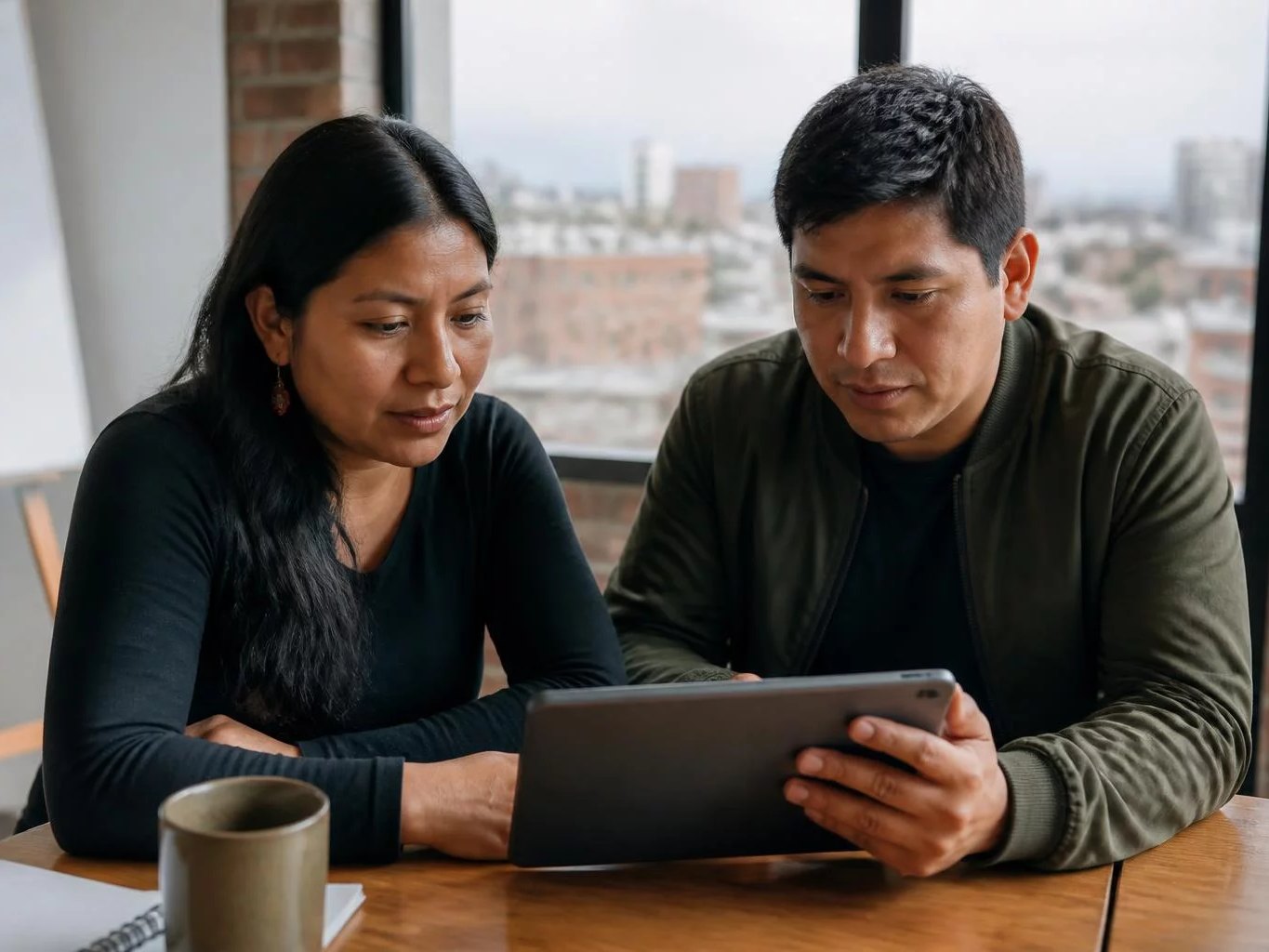 Dos colegas releyendo apuntes en una tablet apoyada en una mesa de madera